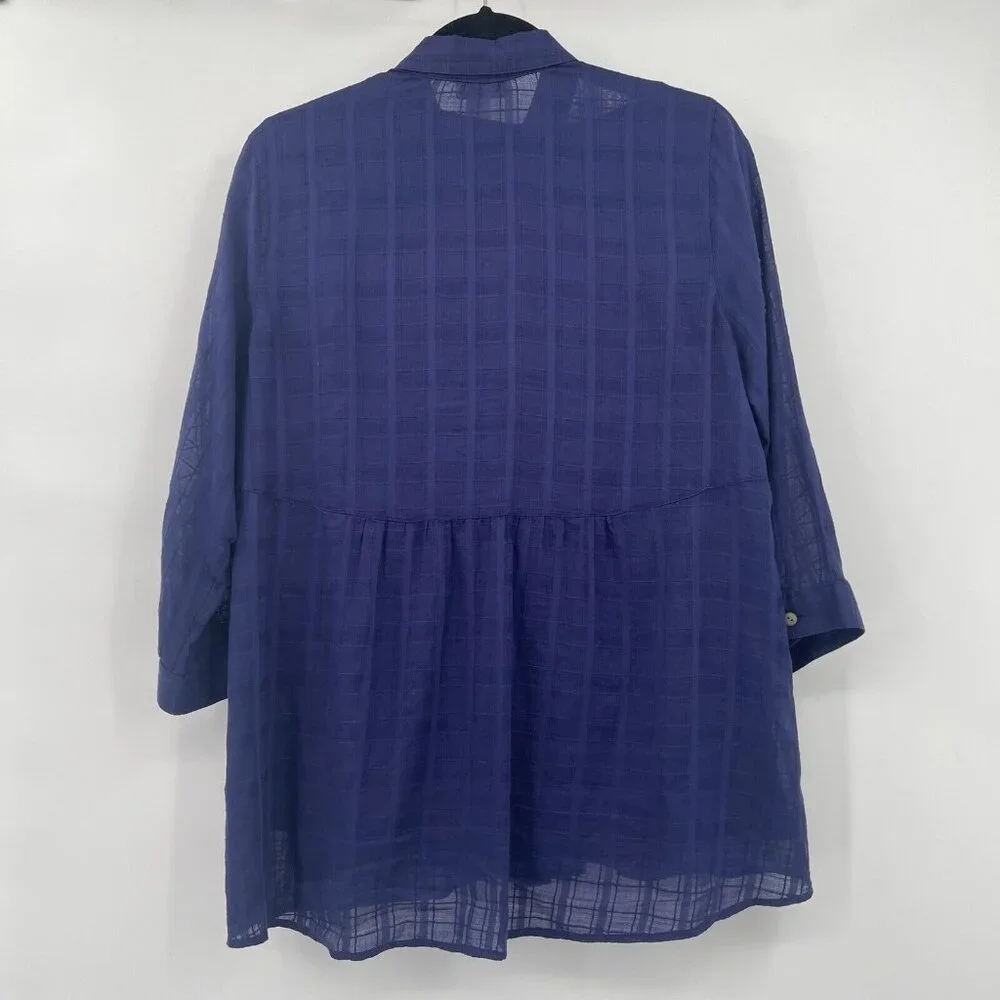 J Jill Woman Blouse Blue Jacquard 3/4 Sleeve Elliptical Top Tunic size small She